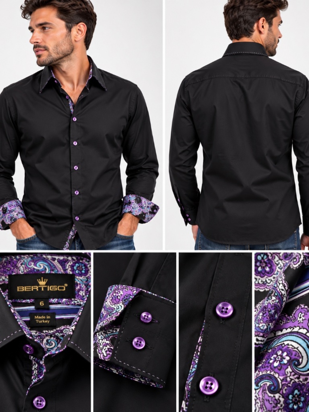 Bertigo Men’s Size 6 Black Button Up Shirt Purple Paisley 100% Cotton